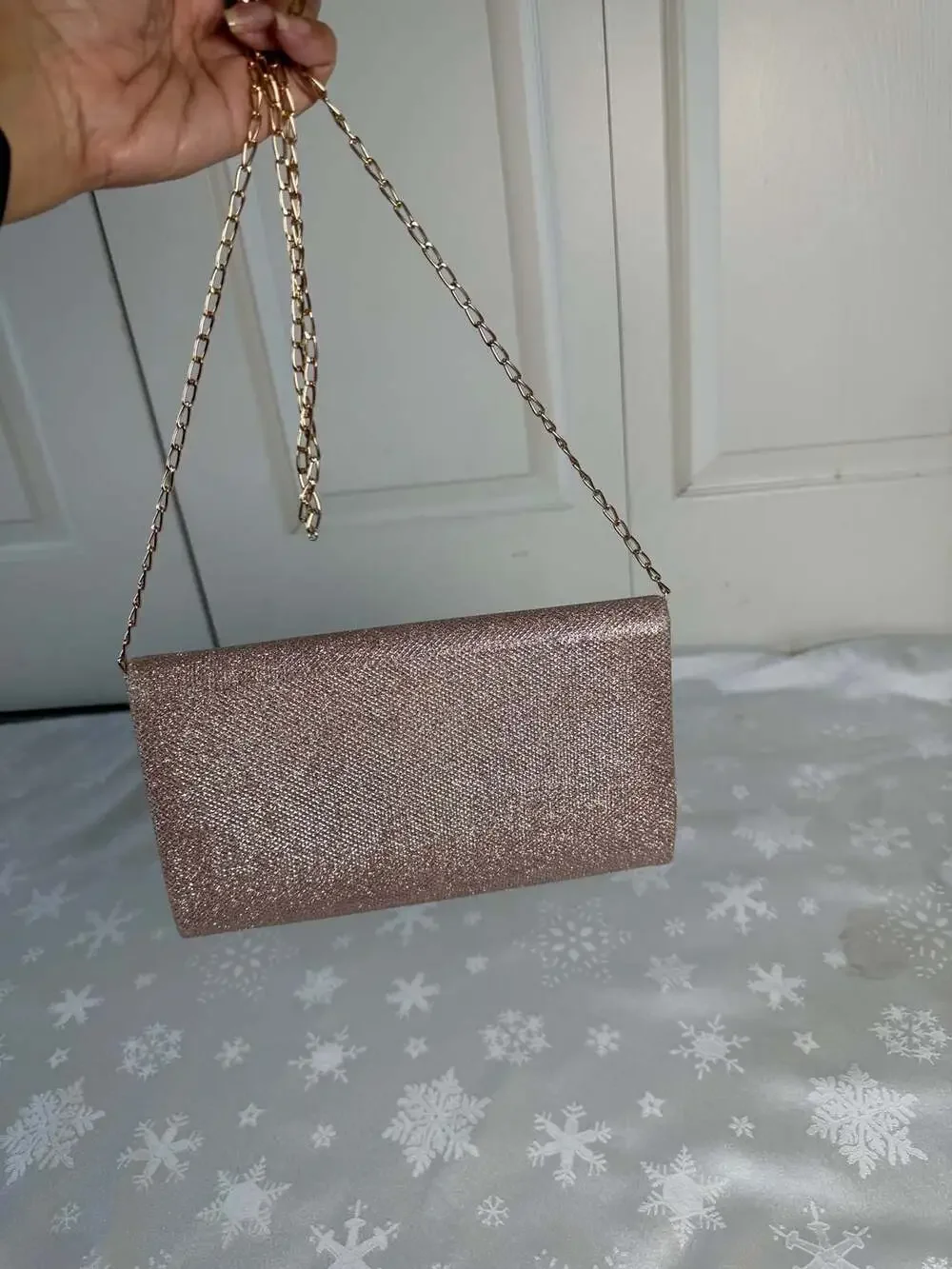 Rose Gold Glitter Envelope Clutch Purse Gold Chain Wedding Prom Evening Bag